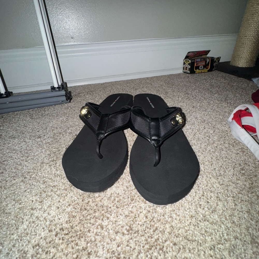 Tommy Hilfiger Black Sandals with Gold Accents